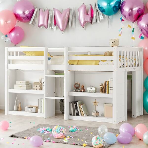 slide 2 of 8, Twin Size Kid Low Loft Bed With Two-Tier Shelves And LED Light for Home White