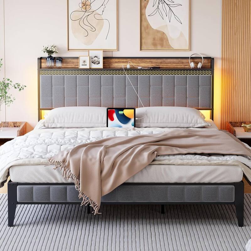 Gray Upholstered Bed Frame with LED Lights, Charging Station & Storage Headboard, No Box Spring Needed - Queen - Grey