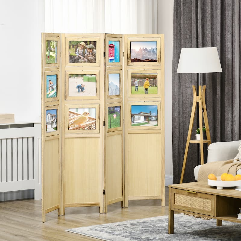 4 Panel Room Divider, 5.6' Indoor Wood Portable Folding Privacy Screens with Photo Frames and Cardstocks