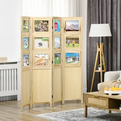 HOMCOM 4 Panel Room Divider, 5.6' Indoor Wood Portable Folding Privacy Screens with Photo Frames and Cardstocks