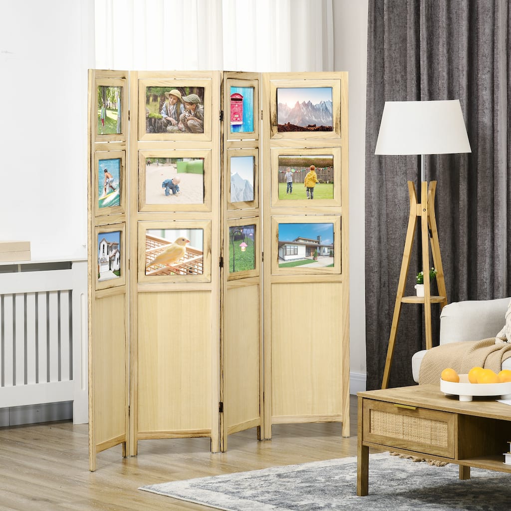 HOMCOM 4 Panel Room Divider, 5.6' Indoor Wood Portable Folding Privacy Screens with Photo Frames and Cardstocks