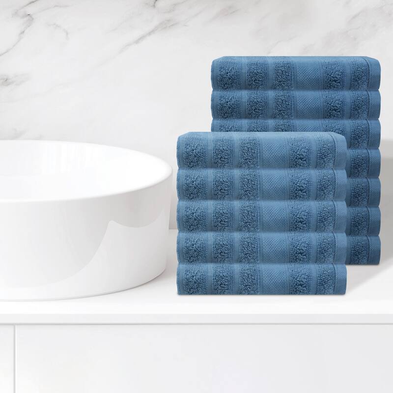 Striped 12 Pack Washcloths, Pure Cotton Face Towels, Comfort Towels for Bathroom, Hotel, Spa 14"x14" - Blue