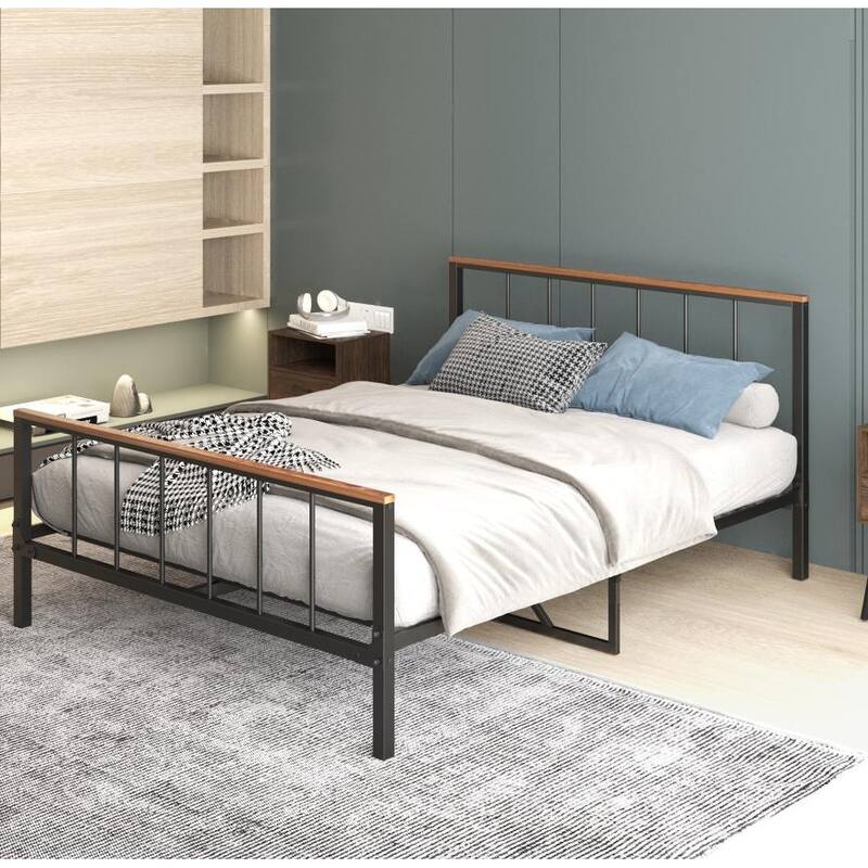 Black Metal Full Size Platform Bed Frame with Headboard and Footboard, Sturdy Construction, No Box Spring Needed, Queen