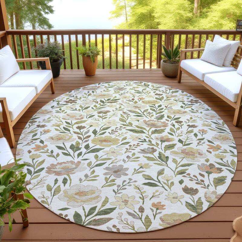 Machine Washable Indoor/ Outdoor Floral Garden Chantille Rug - Ivory - 8' x 8'