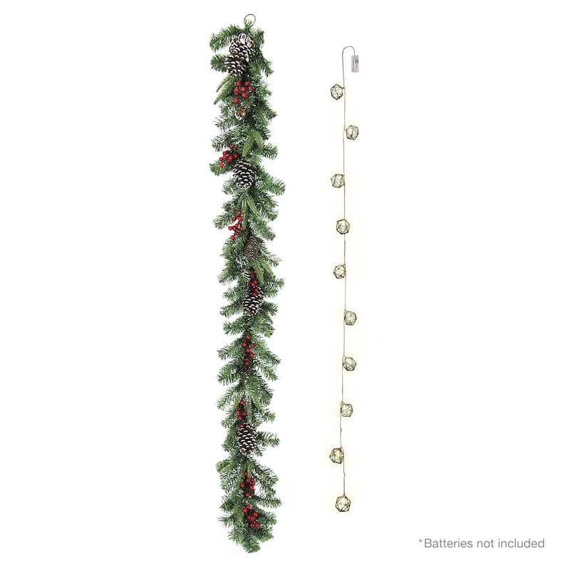 6ft Artificial Mixed Frosted Berry Pine Cone & Pine Christmas Garland with Geometric Octagon String Light Set