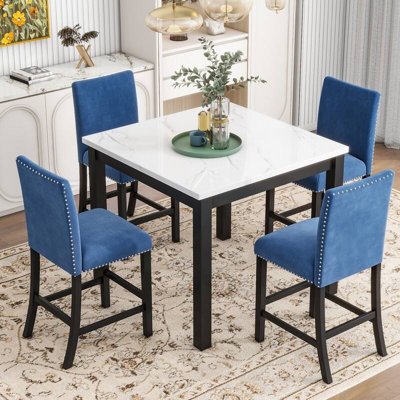 Modern 5-Piece Dining Room Set For 4,Faux Marble Dining Table and 4 Velvet Upholstered Dining Chairs - Blue