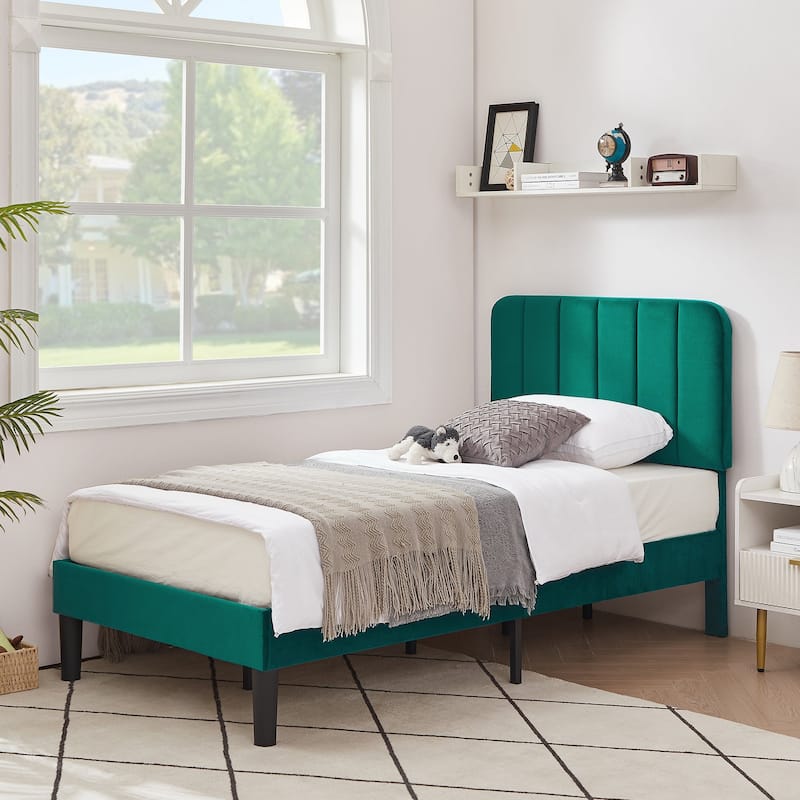 Javlergo Upholstered Adjustable Headboard Velvet Platform Bed Quiet Heavy-Duty Bed Frame No Box Spring Needed