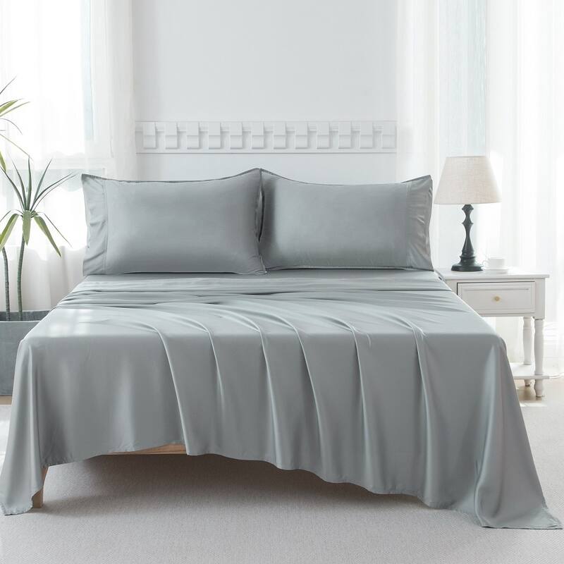 400TC Cooling Sheet Set, Sateen Weave 4 Piece Bedding with 16 Inch Deep Pocket Fitted Sheet - Grey - Twin