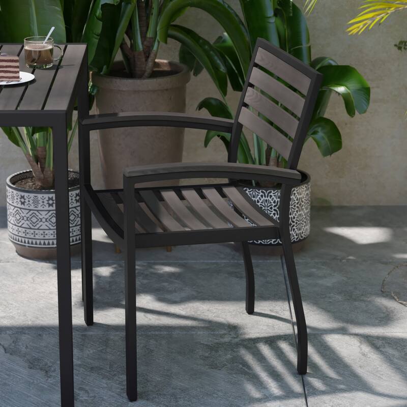 Set of 2 Stackable All-Weather Aluminum Patio Chairs with Faux Teak Slats