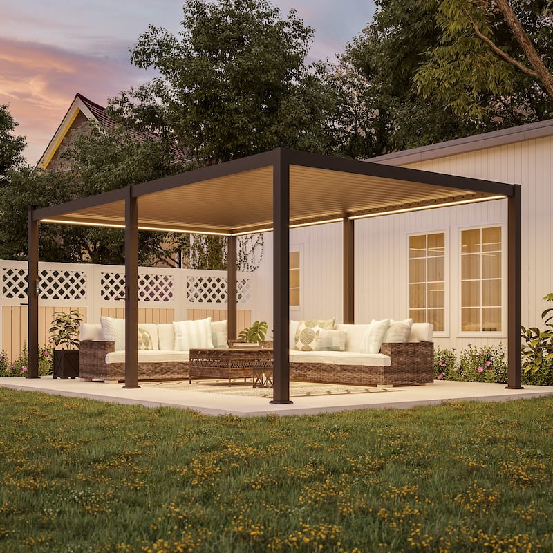 BONOSUKI Solar LED Louvered Pergola with Aluminum Frame for Modern Patio Living