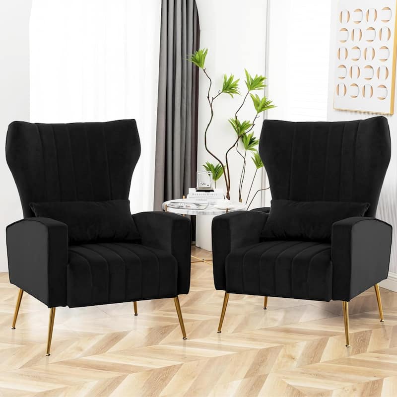 HOMYKA Accent Chair Upholstered Velvet Wingback Armchair Set of 2 - Black