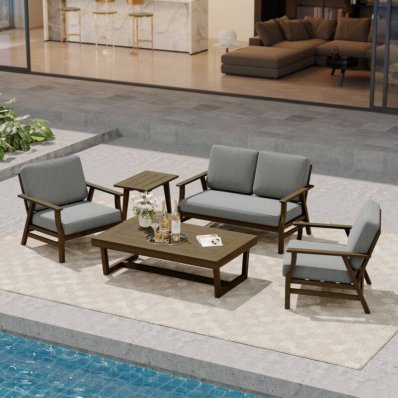 Modern Wood Cushioned Outdoor Patio Sofa Loveseat with Coffee Table - Loveseat Set - Grey