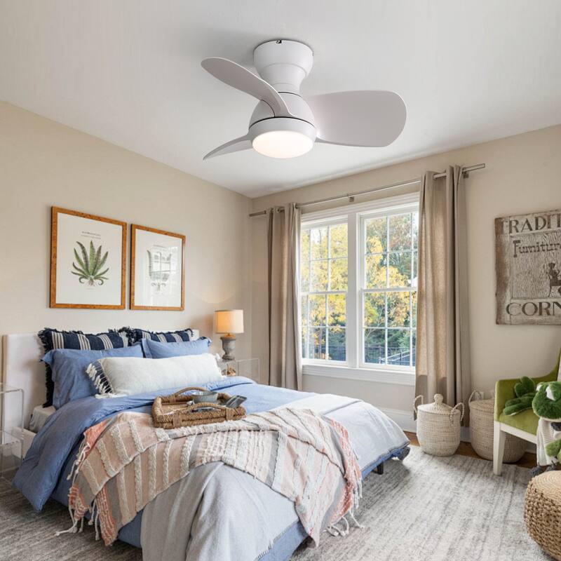23 Inch Bedroom Ceiling Fan With 3 ABS Blades Remote Control DC Motor Black With 18W Led Light
