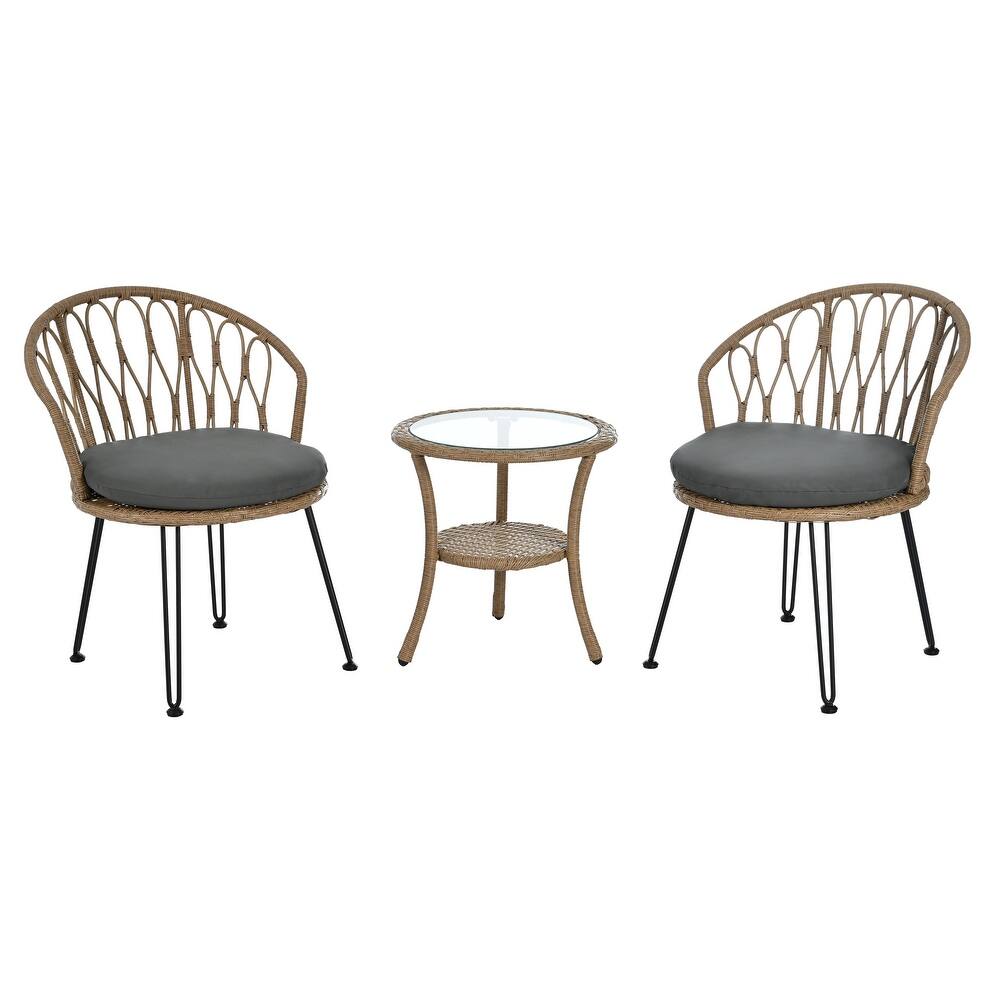 Roomfitters Outdoor Leisure Set, 2 Rattan Single Chairs with Glass Round Table for Patios, Balconies, Courtyards