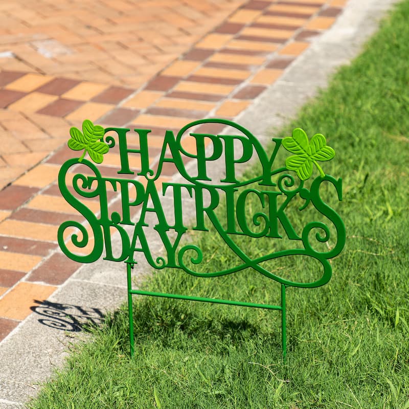 Glitzhome Happy St. Patrick's Day Metal Yard Stakes or Wall Sign