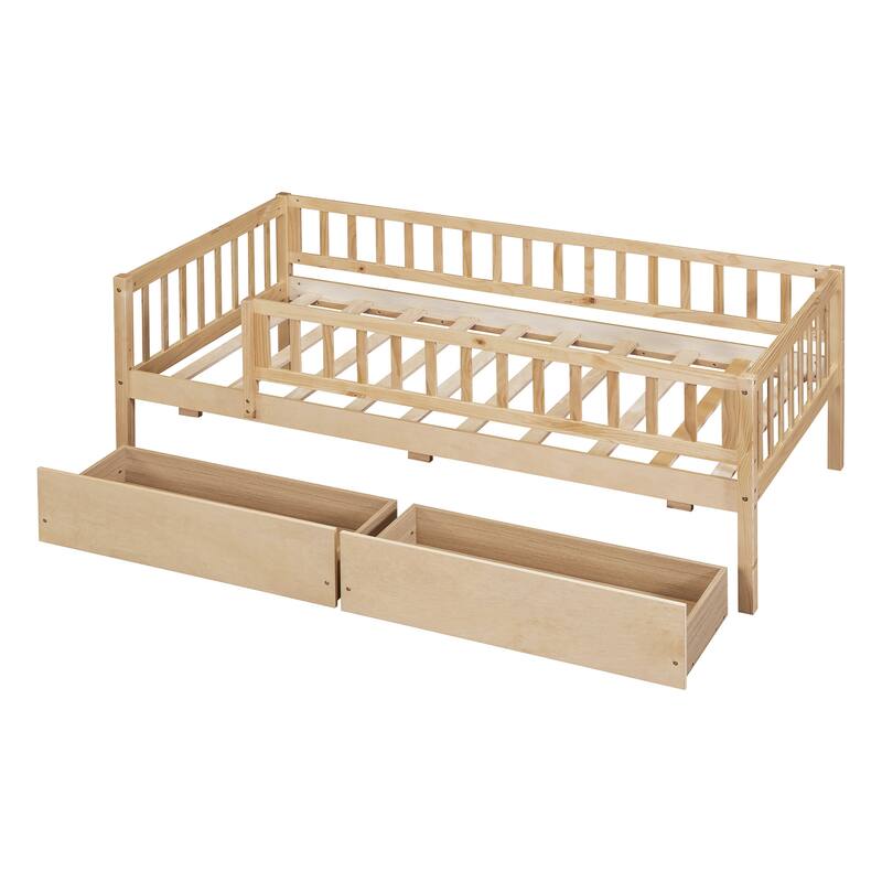 Twin Size Daybed Wood Bed Wood Platform Bed Frame No Box Spring Needed, 2 Extendable Wood Drawers with Trundle for Boys Girls