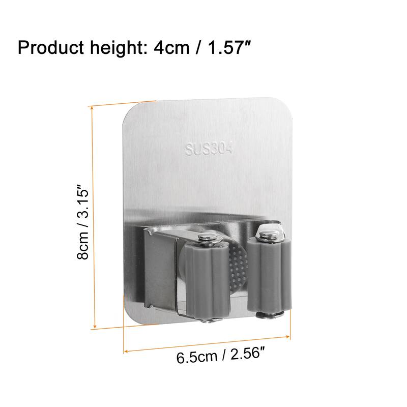 Mop Broom Holder, 304 Stainless Steel Mop Holder Adhesive Broom Hanger - Grey - 2pcs
