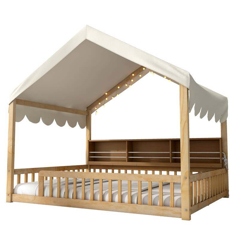 Full-Size Floor House Bed with Fence, Book Nook Shelves, Curtain & LED Lights by Harper&Bright Designs