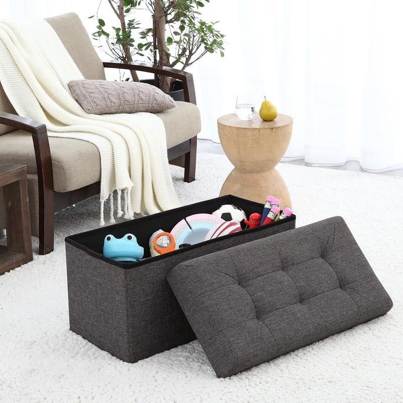 Foldable Tufted Linen Large Storage Ottoman Bench Foot Rest Stool/Seat - 15" x 30" x 15" - Charcoal