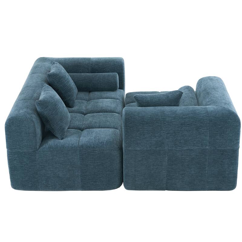 101.2" Blue Chenille Sectional Sofa, Modular, Deep Seating, 2 Side Pockets