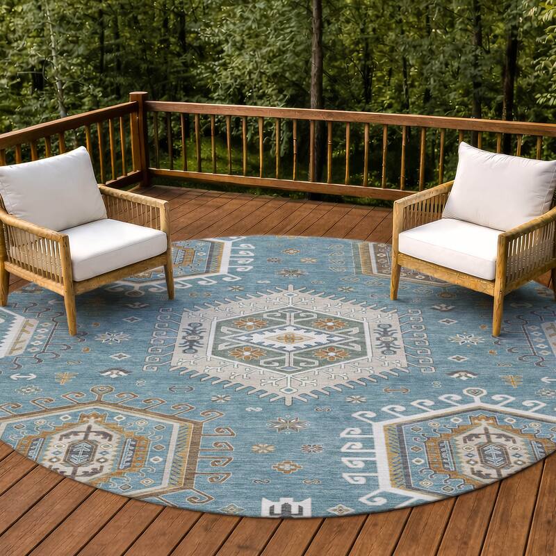 Machine Washable Indoor/ Outdoor Global Akron Chantille Rug - Teal - 8' x 8'