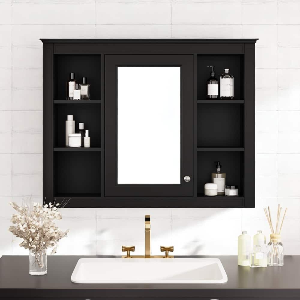 Modern Bathroom Mirror Cabinet, 35" Medicine Cabinet with 1 Door and 6 Open Shelves, Wall Mounted