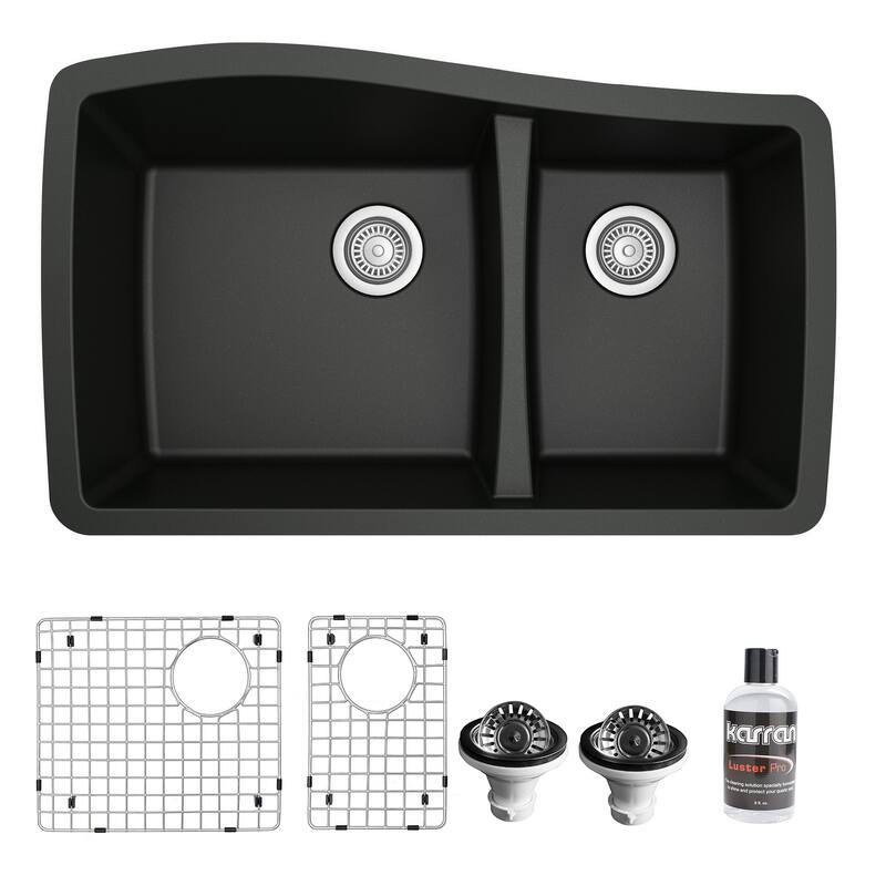 Karran Undermount Quartz 33 in. Double Bowl 60/40 Kitchen Sink with Bottom Grids and Strainers