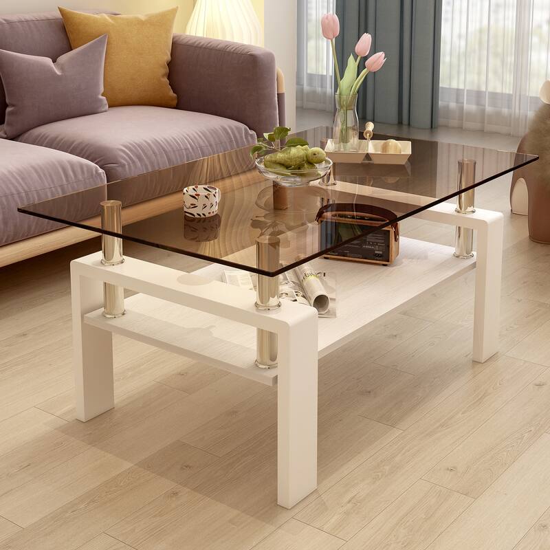Rectangle Coffee Table, Tempered Glass Tabletop with MDF Layer, Modern Table for Living Room , Brown Glass