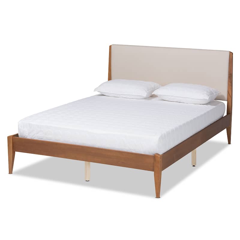 Lenora Mid-Century Modern Fabric Upholstered Wood Platform Bed - Beige - Queen