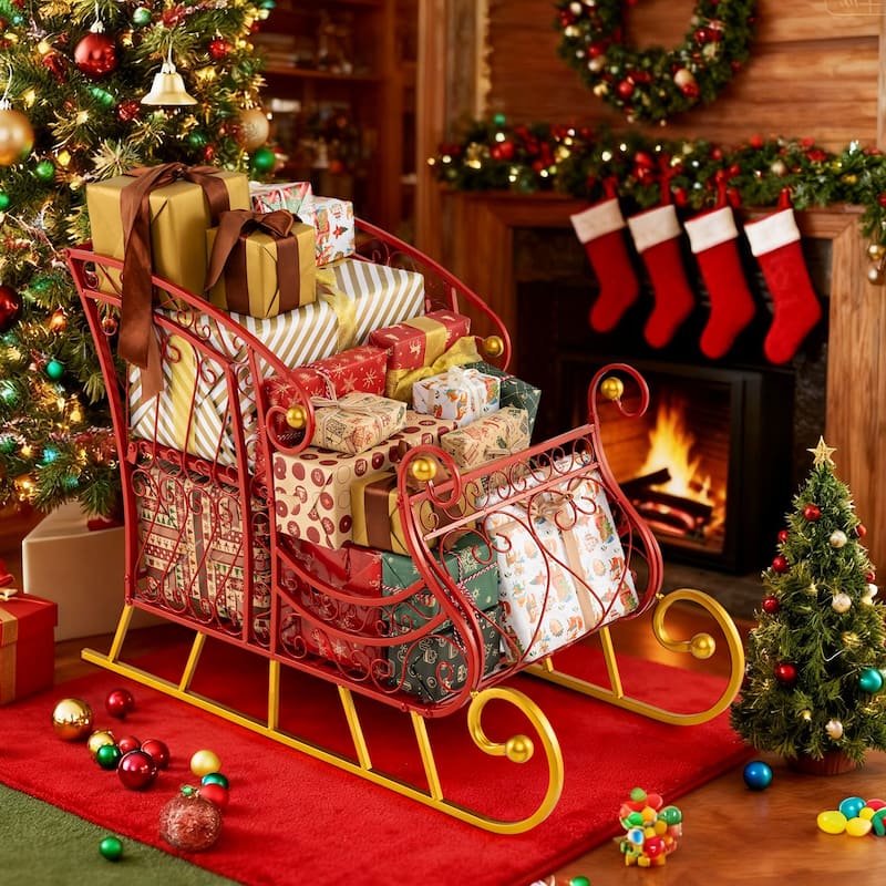 Costway Metal Christmas Santa Sleigh Basket Festive Decorative Sleigh - as pic shows - See Details - as pic shows - See Details - overstock.com/bedbathandbeyond.com