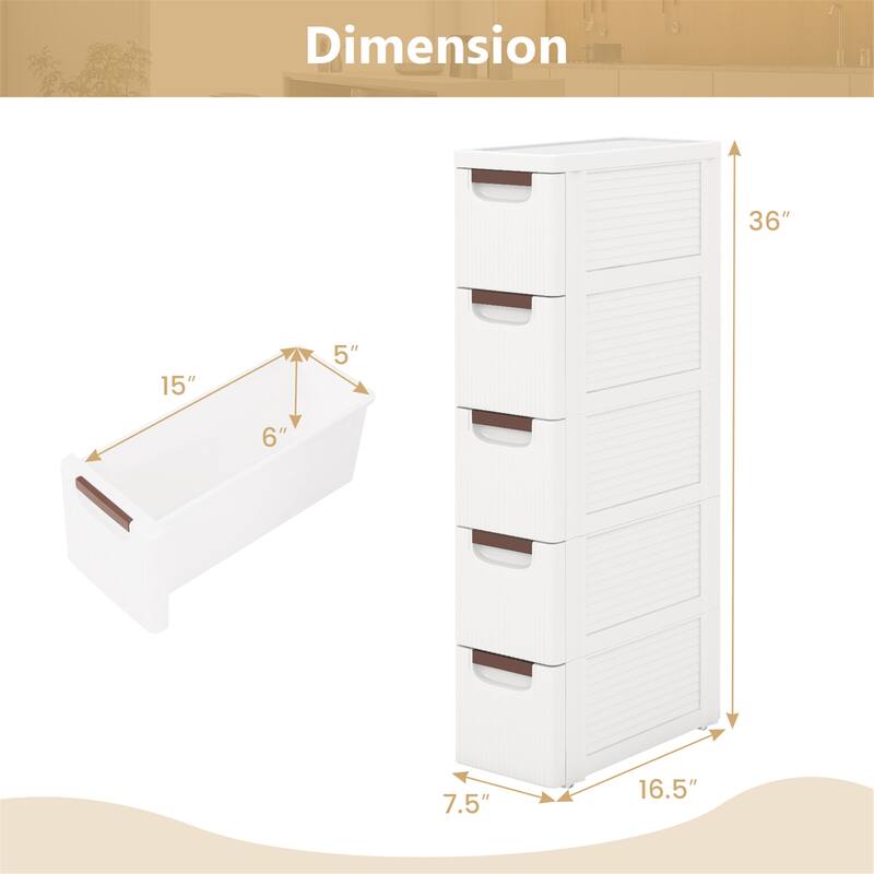 Gymax 5-Drawer Narrow Rolling Storage Cabinet w/ Pull Handles Built-in