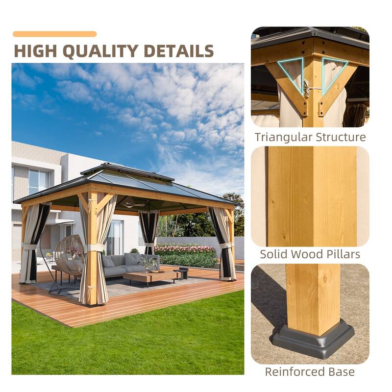 EROMMY Outdoor Wood Gazebo with Double Polycarbonate Roof, Heavy Duty Backyard Patio Pergola Canopy for Garden Shade
