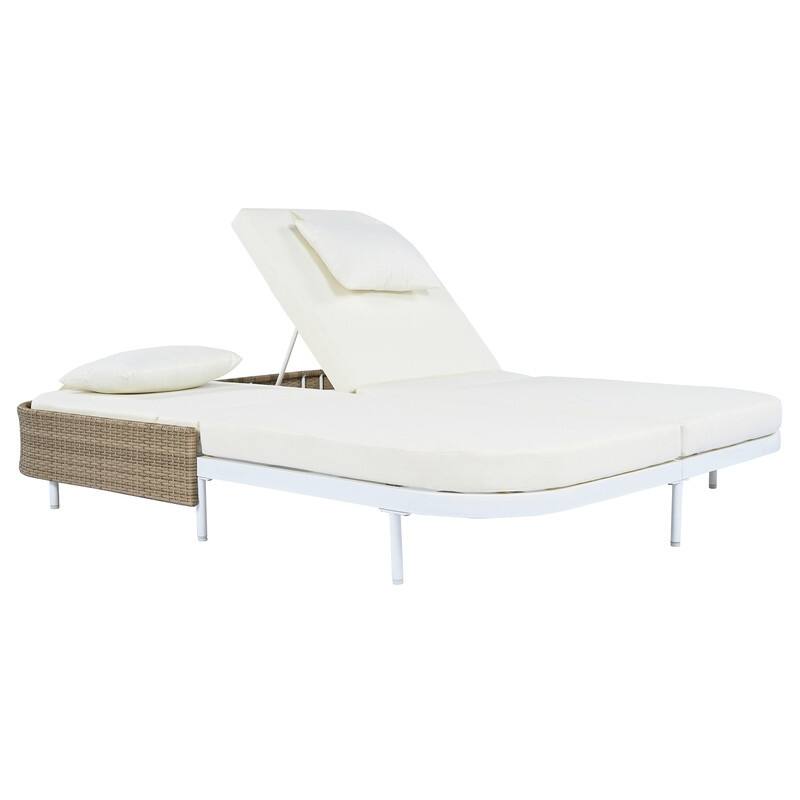 Patio Rattan Double Chaise Lounge Daybed with 5-Position Adjustable Backrest & Iron Frame
