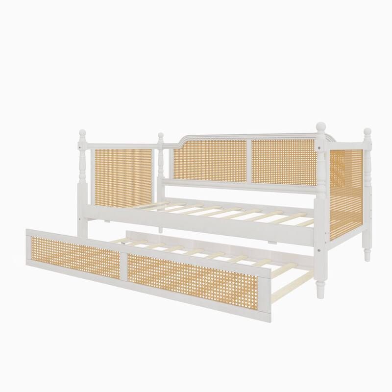 Traditional Rattan Daybed Frame/Wood Sofa Bed Frame w/Trundle for Bedroom Small Space Guestroom Living Room/No Box Spring Needed