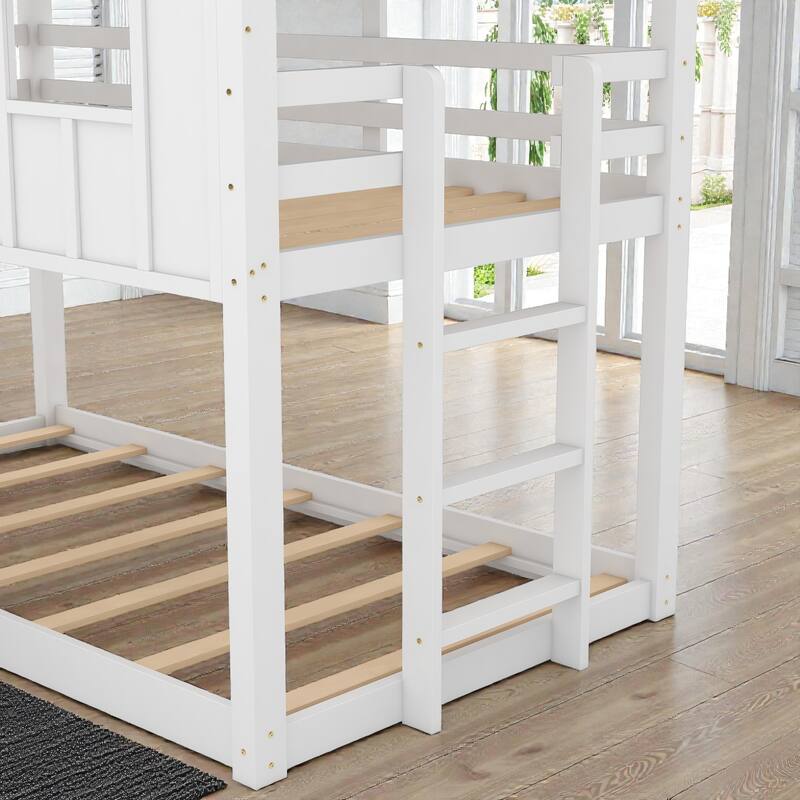 Twin over Twin House Bunk Bed with Slide, Windows and Ladder, Solid Wood Frame, Fun Playhouse Design