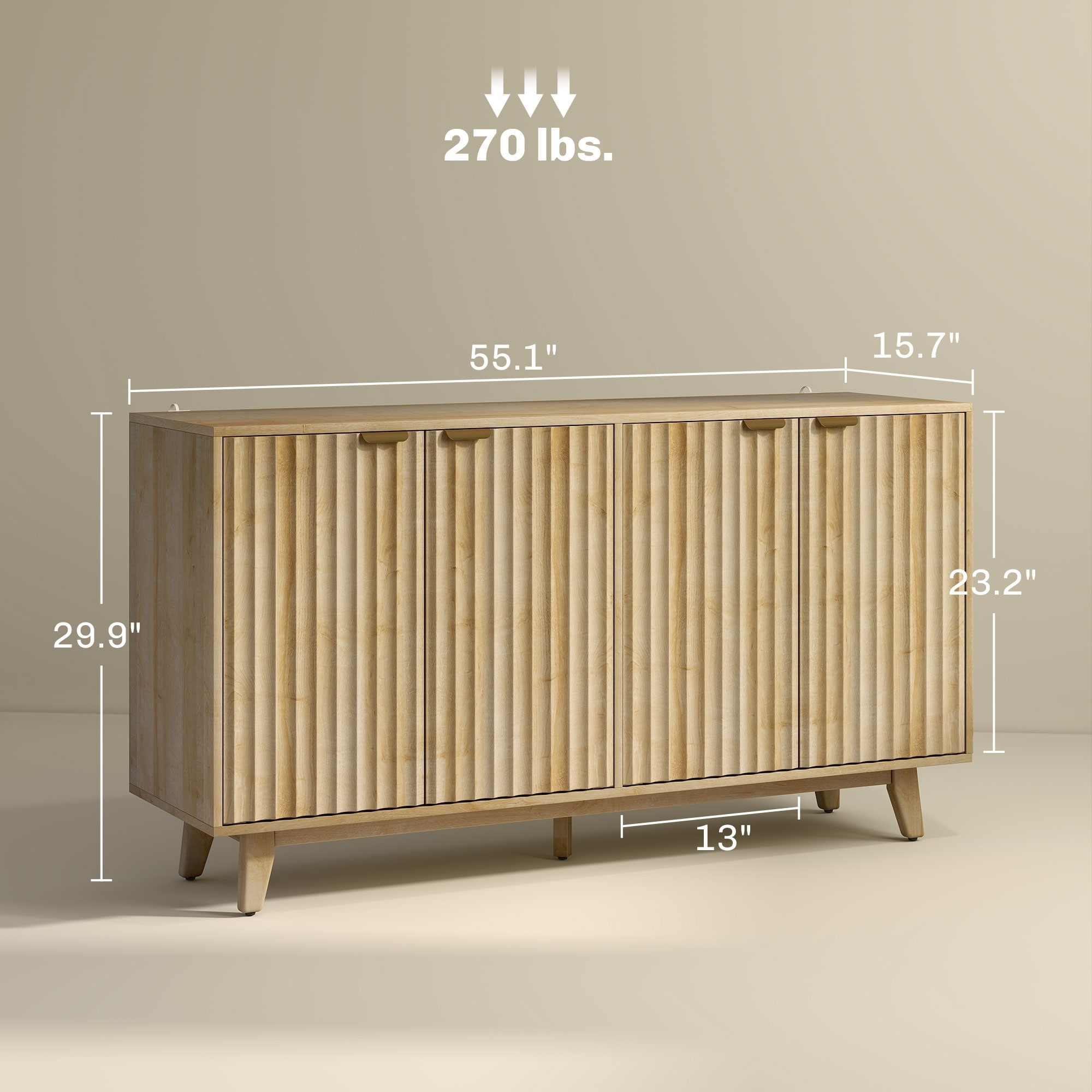 Fluted Sideboard Buffet Cabinet, Coffee Bar With Doors, Adjustable Shelves And Wood Legs