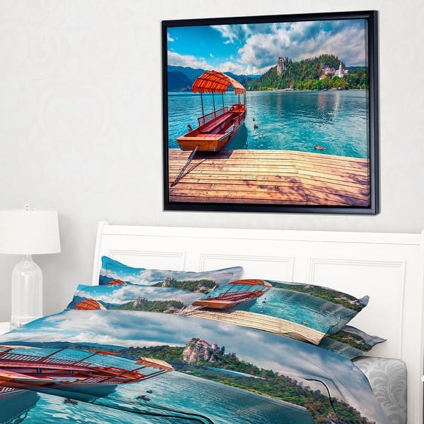 Designart Boat In Lake Bled In Julian Alps Large Landscape Framed Canvas Art Print Overstock 18959433