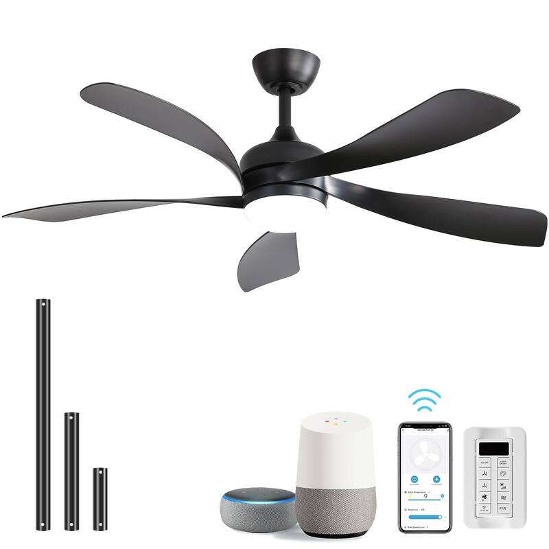 52"/66" Inch Ceiling Fan with Light,APP and Remote Control, Low Profile,Smart Optional - 52 Inch - (Smart)Black with Black ABS Blades