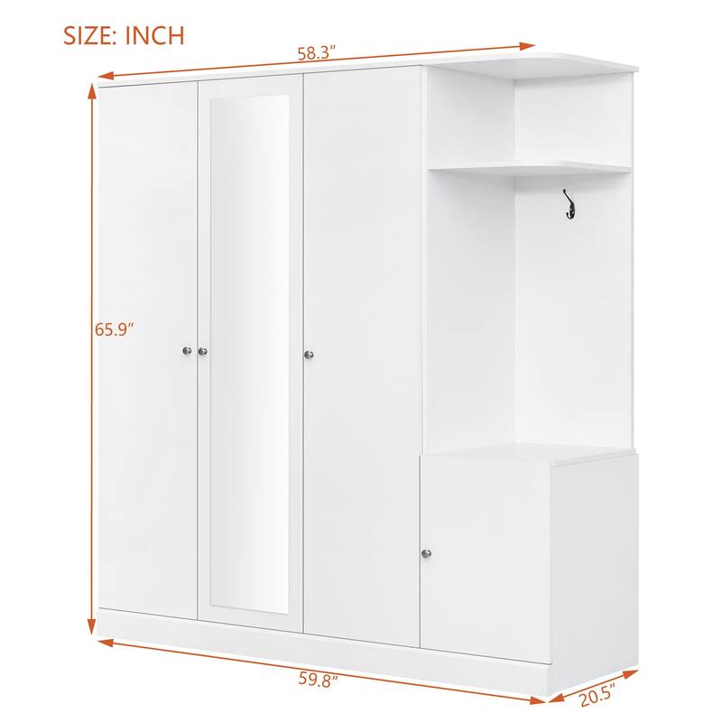 Mirrored Wardrobe Closet 4 Door Wooden Wardrobe with Drawers Large Armoire Closet with Open Storage Space