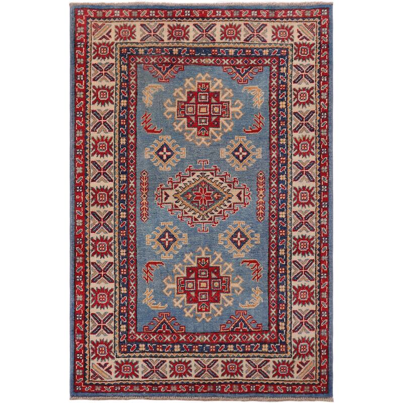 Rustic Kazak Sophie Light Blue/Beige Wool Rug - 3'1'' x 4'5''