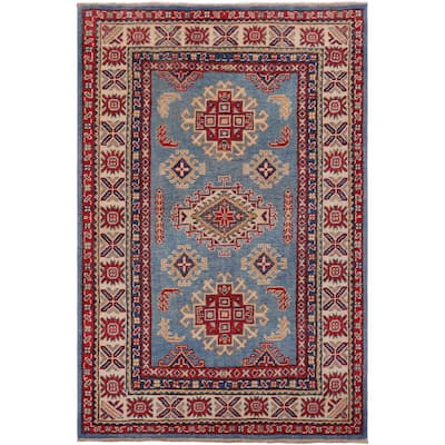 Rustic Kazak Sophie Light Blue/Beige Wool Rug - 3'1'' x 4'5''