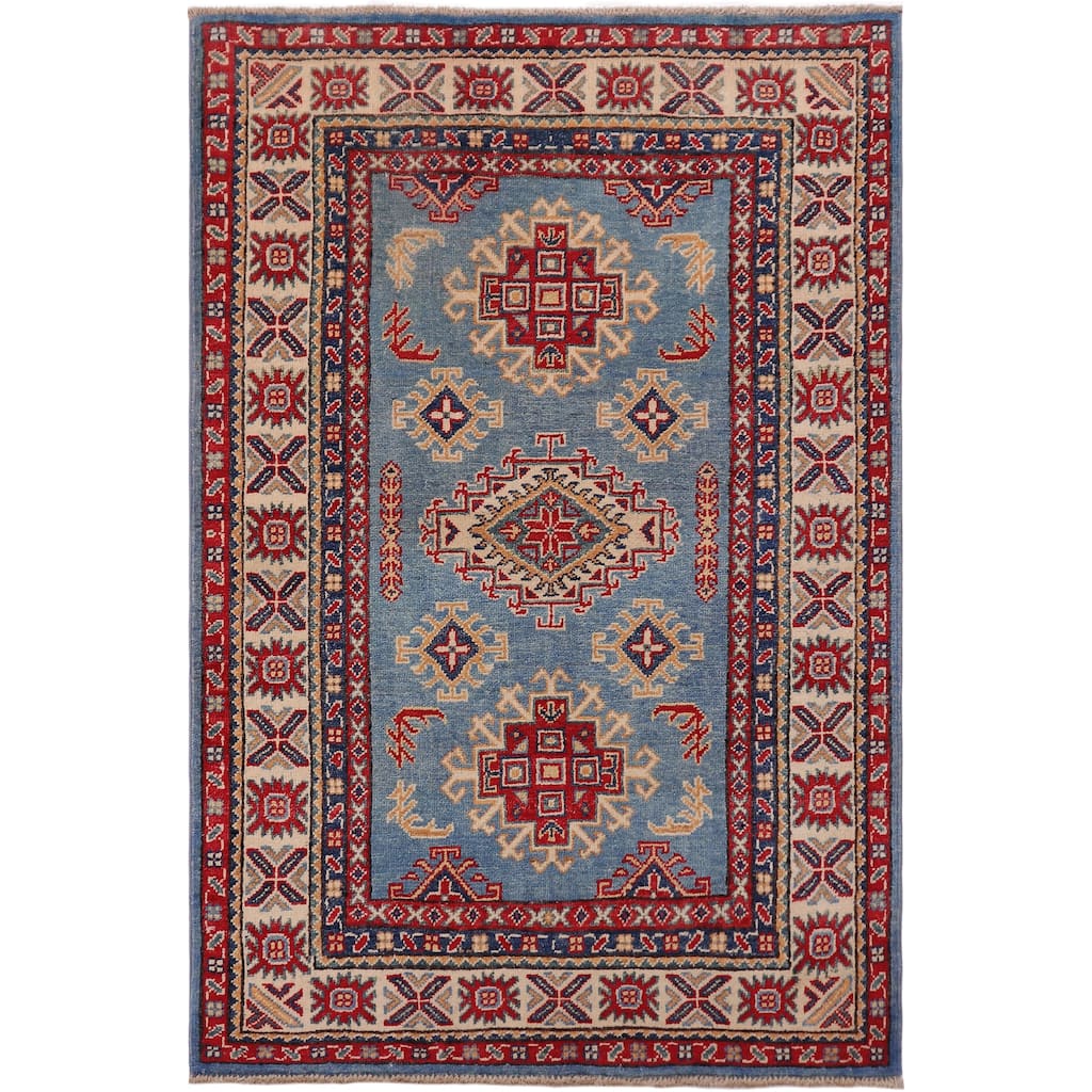 Rustic Kazak Sophie Light Blue/Beige Wool Rug - 3'1'' x 4'5''