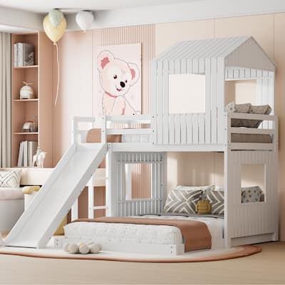 Wooden Twin Over Full Bunk Bed, Loft Bed with Playhouse, Farmhouse, Ladder, Slide and Guardrails, White