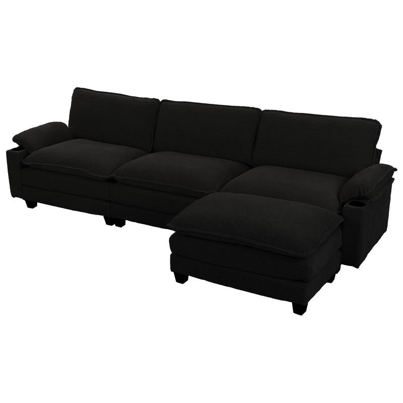 113" L Shaped Sectional Sofa, Deep Seat Cloud Couch with Ottoman, Oversized Corduroy Couch with Cup Holders, Storage Bags