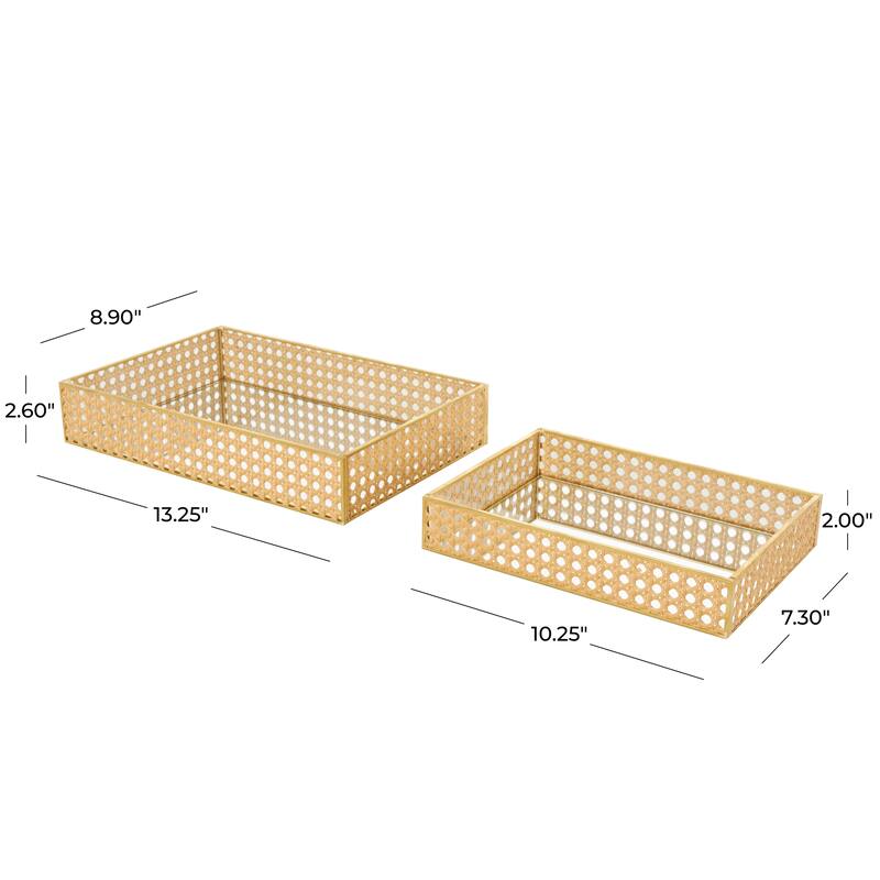 Brown Rattan Woven Living Room Decor Tray with Mirrored Glass Interior (Set of 2)