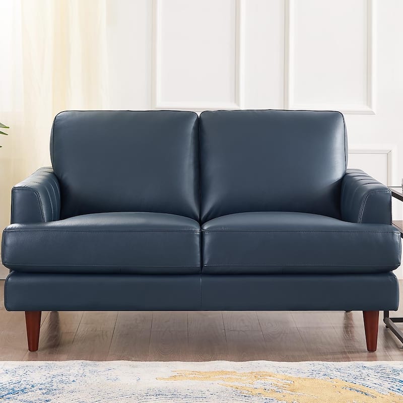 Ivy Living Cassia Top Grain Leather Loveseat with Feather Memory Foam and Springs