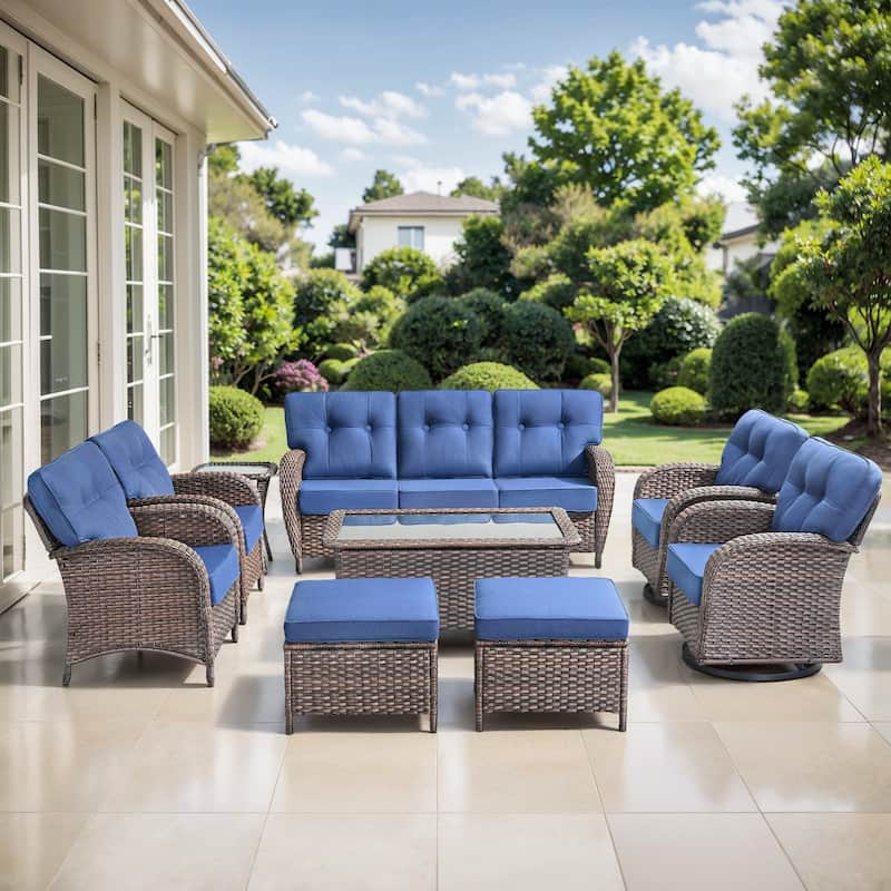 TWrap 9-Piece Patio Brown Wicker Sofa Conversation Set with 5-Inch Thick Cushions - Brown/Navy Blue - 9-Piece
