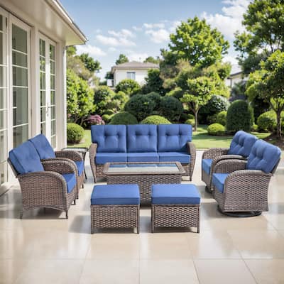 TWrap 9-Piece Patio Brown Wicker Sofa Conversation Set with 5-Inch Thick Cushions