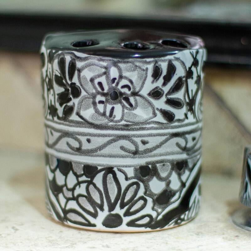 Novica Handmade Monochrome Flowers Ceramic Toothbrush Holder - Black