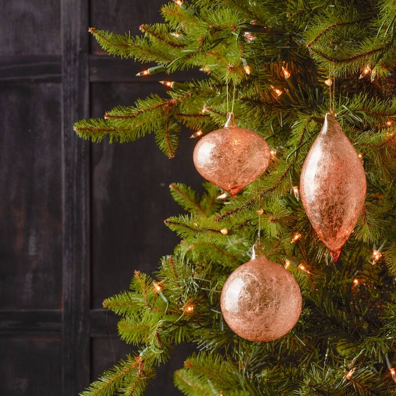Set of 6 Glass Christmas Ornaments with Gold and Blush Swirl Design - 3 x 3 x 7.25